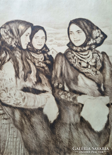 Oscar Glatz: Girls from Buják (etching)