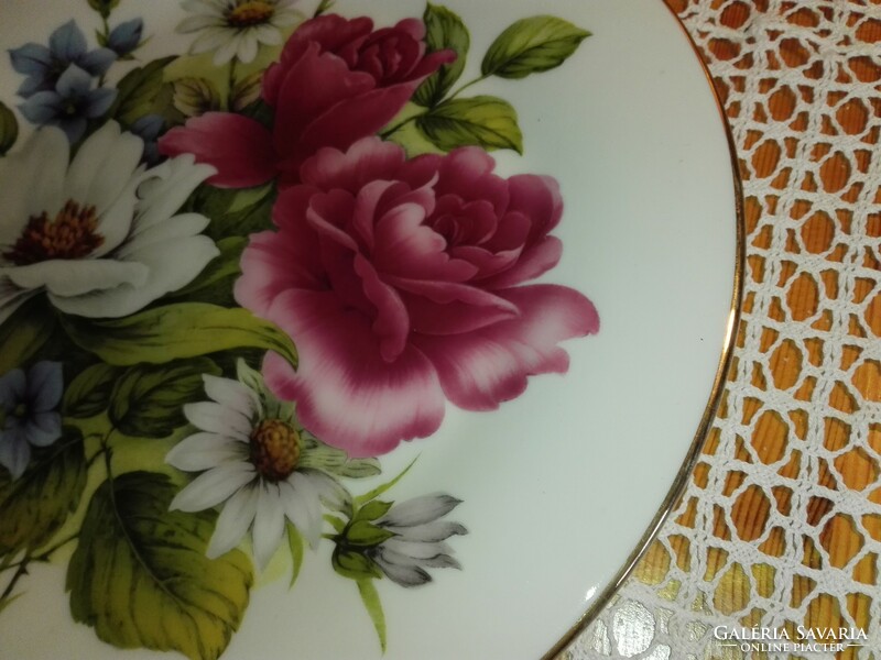 English, multicolored floral porcelain wall plate, with gold edge...28cm.