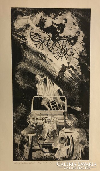 Xantus gauze, travel by car, aquatint, 34.5 x 17.5 cm