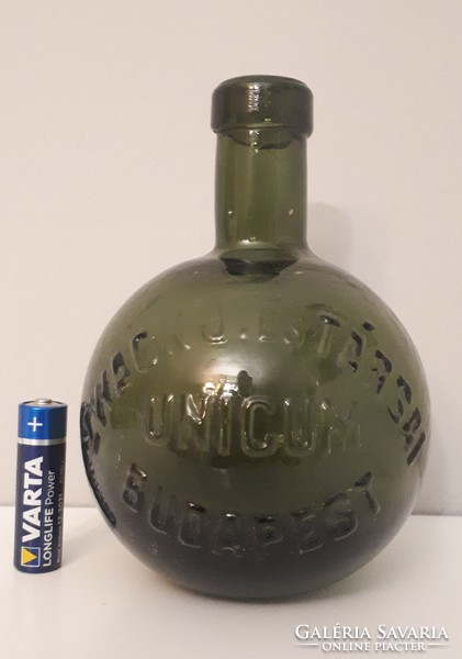 Antik hibátlan méregzöld Unicumos üveg palack ZWACK UNICUM 14 cm