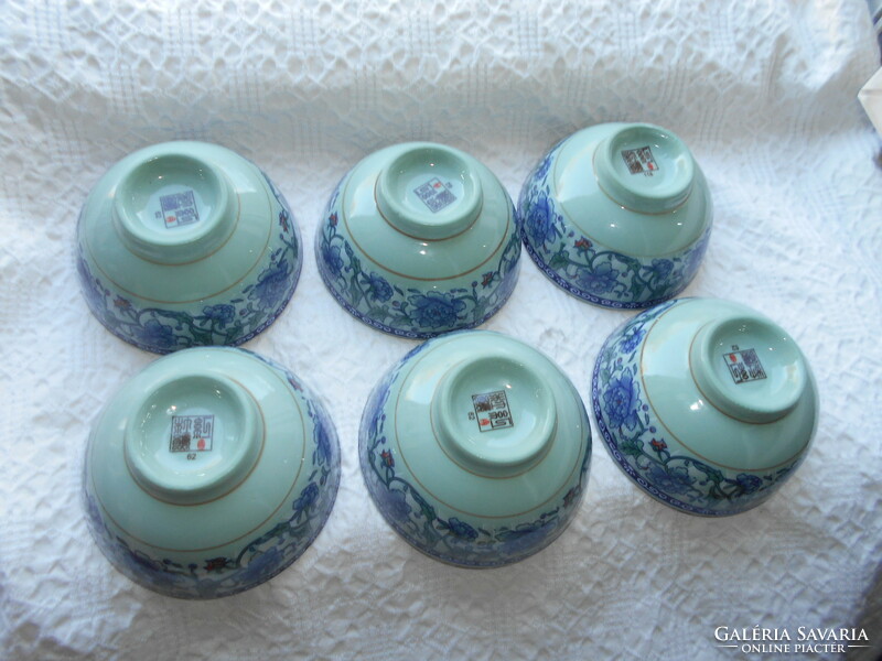6 db  keleti  szeladon (celadon) mázas porcelán rizses tál