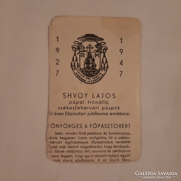 Prayer card commemorating the 20-year jubilee of Bishop Lajos Shvoy of Székesfehérvár, 1947