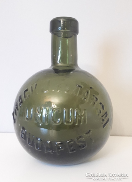 Antik hibátlan méregzöld Unicumos üveg palack ZWACK UNICUM 14 cm