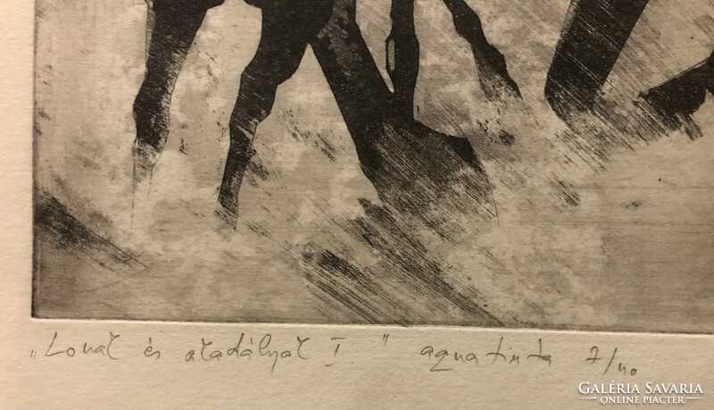 Xantus Géza, Lovak és akadályok I., akvatinta, 24,5 x  34,5 cm