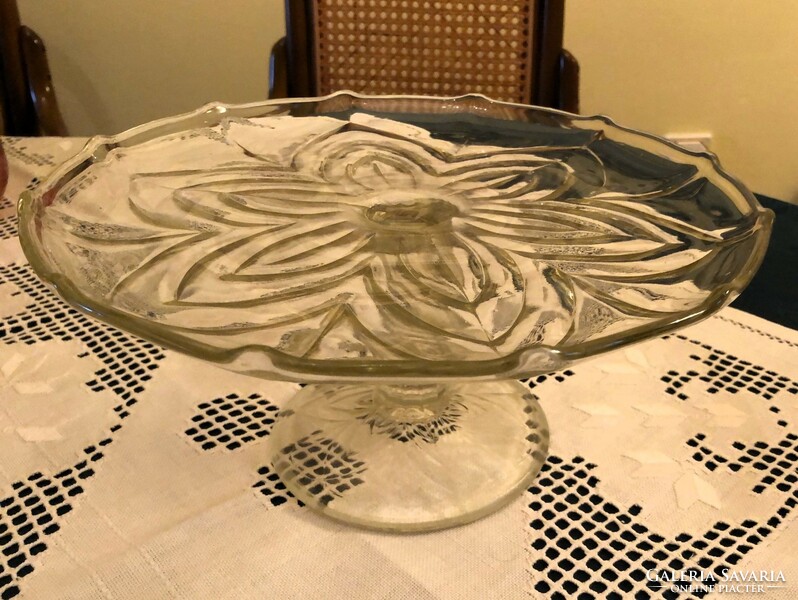 Old glass plate with base, flat serving plate, cake plate, 27.5 cm