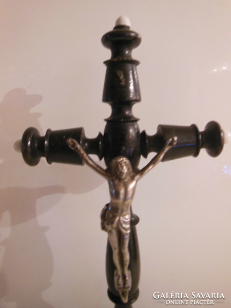 Crucifix - 36 x 15 cm - metal - porcelain - wood - antique - Austrian - perfect