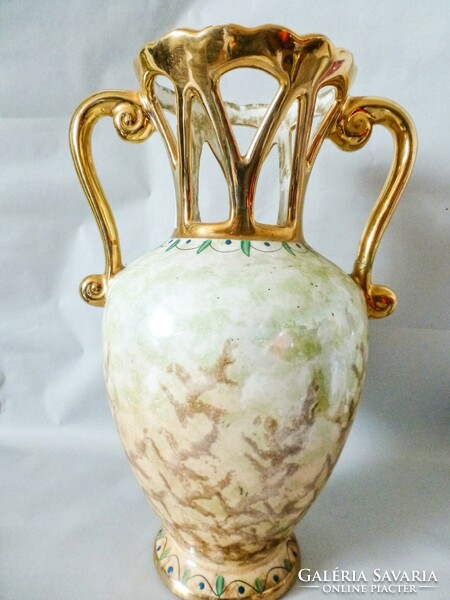 Antique sarreguemines depose French majolica, gilded, openwork baroque goblet vase. Beautiful!