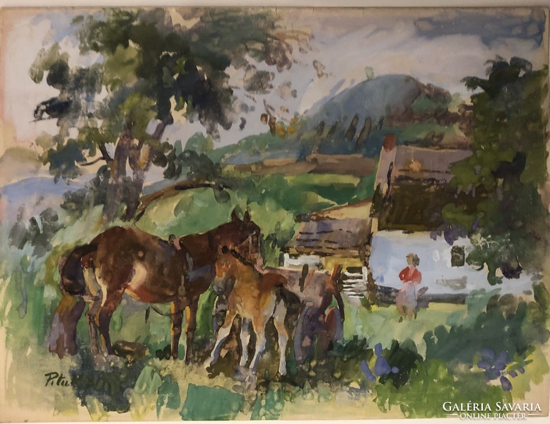 József Pituk in Victoria, village yard, watercolor, 47.5 x 63.5 cm, unframed