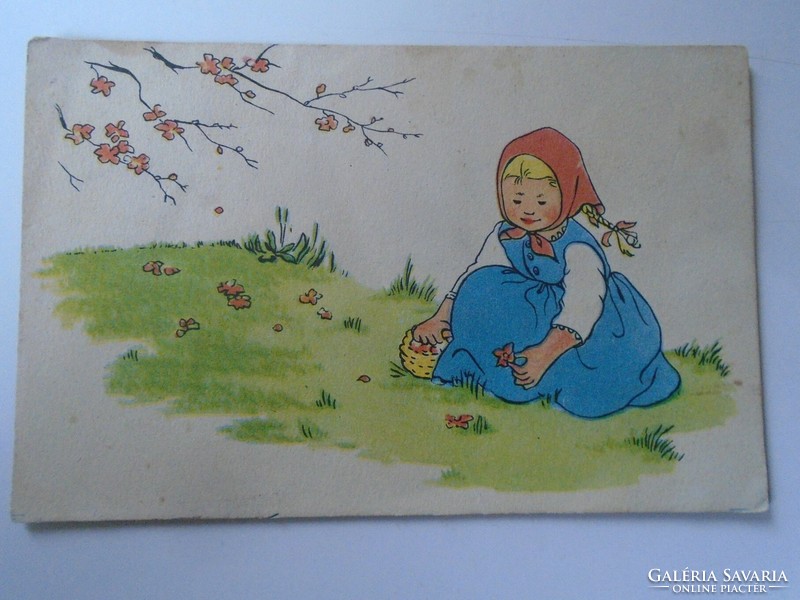 D199467   Régi képeslap  Virágokat szedő kislány 1950k  Képzőművészeti Alap