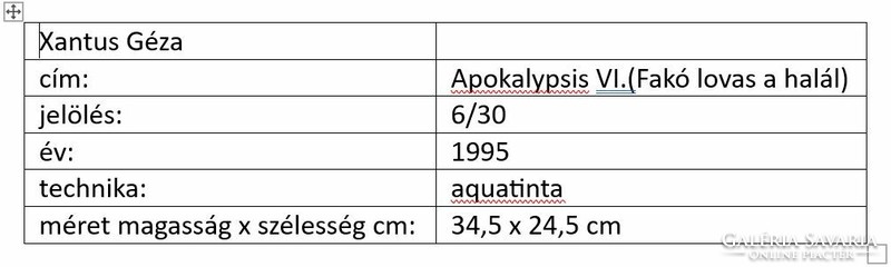 Xantus Géza, Apokalypsis VI. (Fakó lovas a halál), akvatinta, 34,5 x 24,5 cm