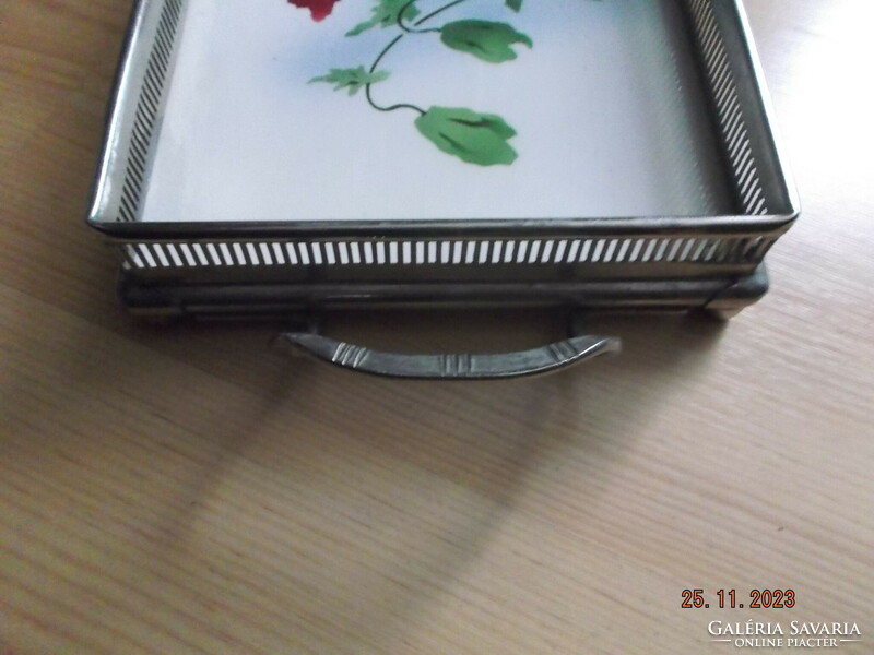 Old tray with majolica insert, metal frame, ---2---