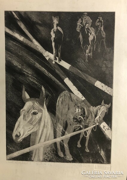 Xantus gauze, horses and obstacles ii., aquatint, 34.5 x 25 cm