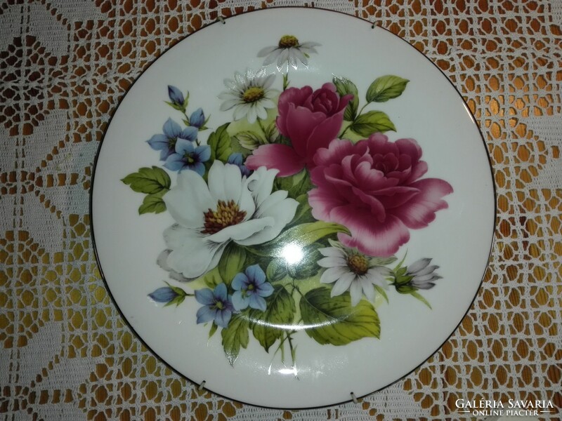 English, multicolored floral porcelain wall plate, with gold edge...28cm.