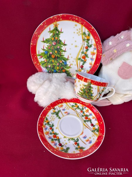 Gyönyörű trió karácsonyi mintás porcelán teás szett