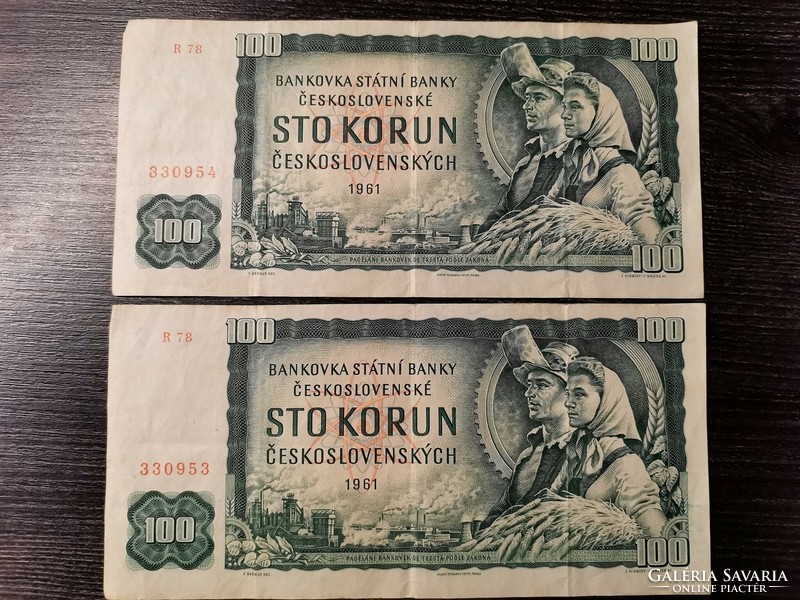 100 korona 1961 VF + sorszámkövető 2db