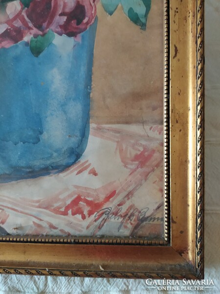 Balogh: antik virág csendélet hibátlan akvarell, szép keretben, 52x36 cm