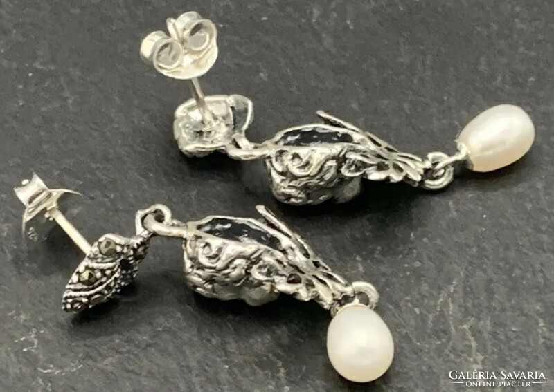 Különleges angyalkás ezüst fülbevaló és tűzzománccal és markazittal /925/ --új