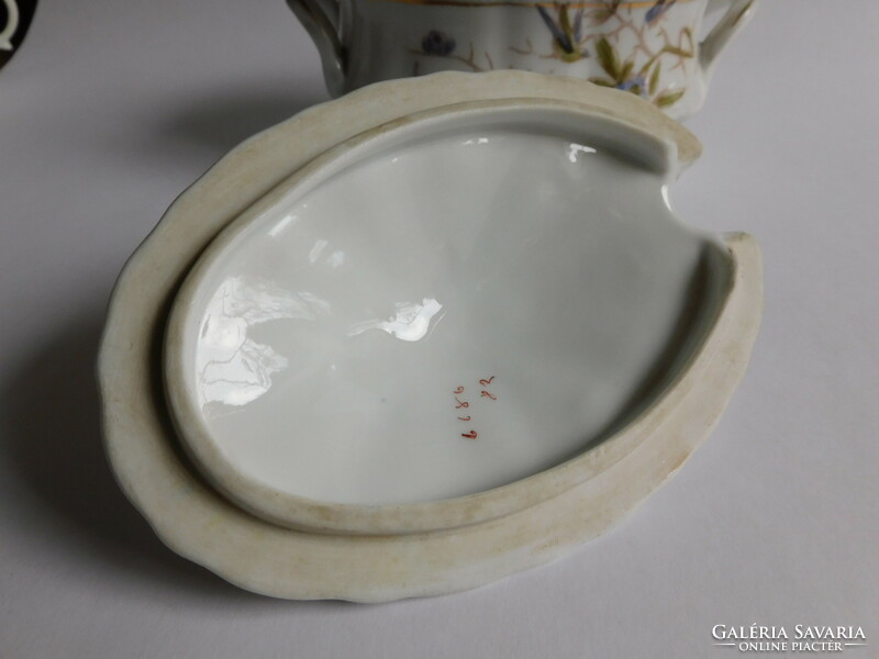 Századfordulós antik fedeles tálaló tál porcelán kanállal