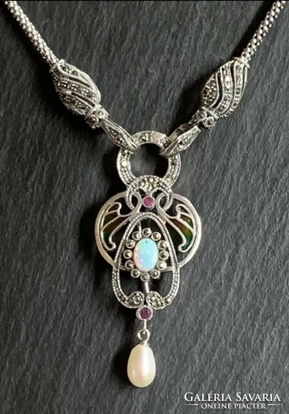 Special Art Nouveau silver pendant with noble opal, ruby, fire enamel and marcasite /925/ --new