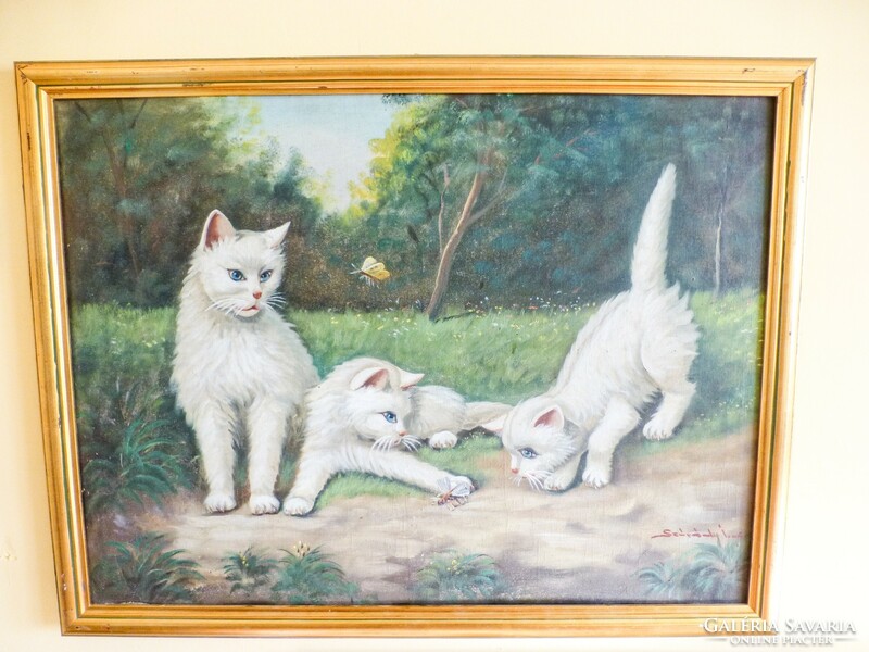 Cats with butterflies. Painting by István Szórády