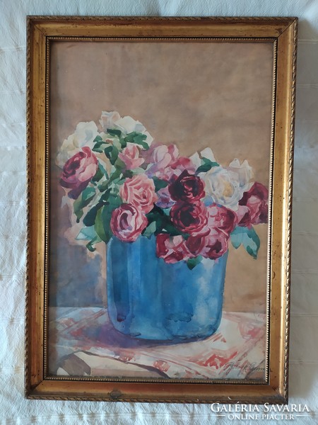 Balogh: antique flower still life flawless watercolor, in a nice frame, 52x36 cm
