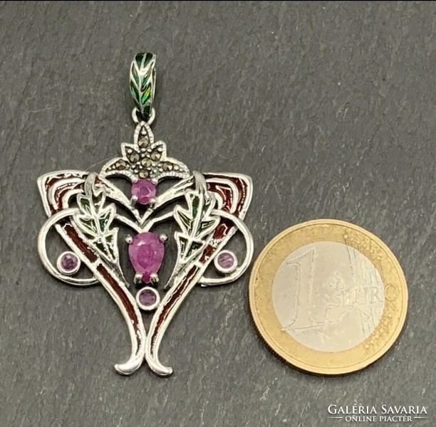 Különleges jugendstil ezüst medál rubin drágakövekkel, űzzománccal és markazittal /925/ --új