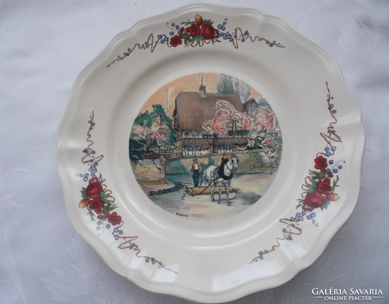 Sarreguemines French ornamental bowl with horseman, bowl with a village scene