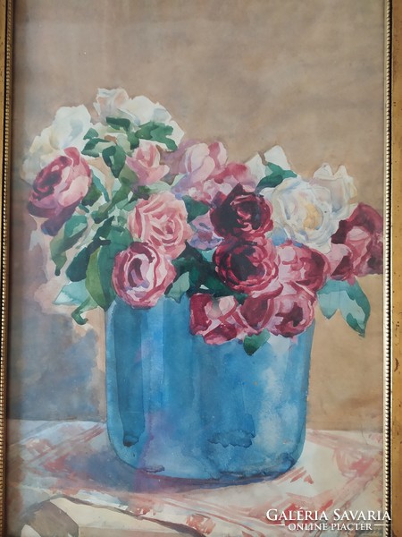 Balogh: antique flower still life flawless watercolor, in a nice frame, 52x36 cm