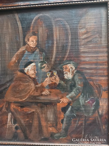 E.Weber: wine drinking antique pub scene painting