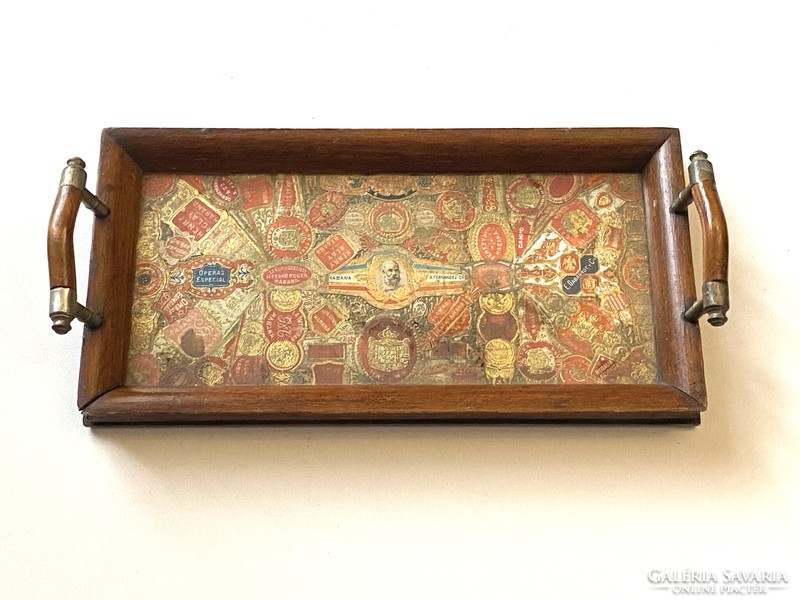 Cuba habana wooden tray with small lugs decorated with cigar rings 25 x 13 cm