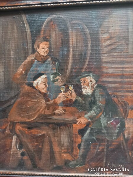 E.Weber: wine drinking antique pub scene painting