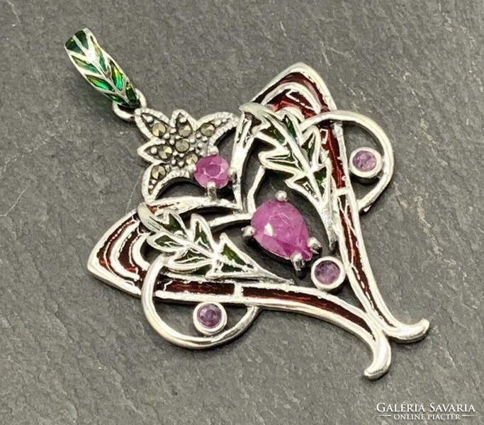 Special art nouveau silver pendant with ruby gems, fire enamel and marcasite /925/ --new