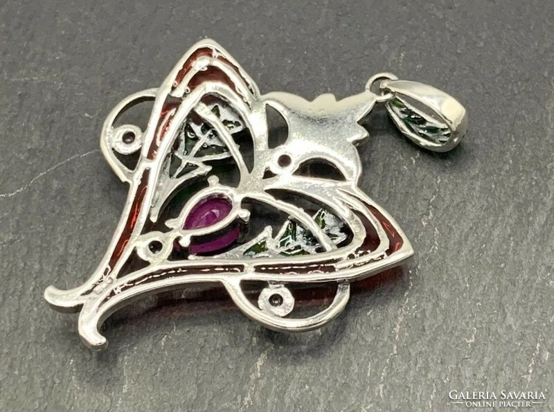 Special art nouveau silver pendant with ruby gems, fire enamel and marcasite /925/ --new