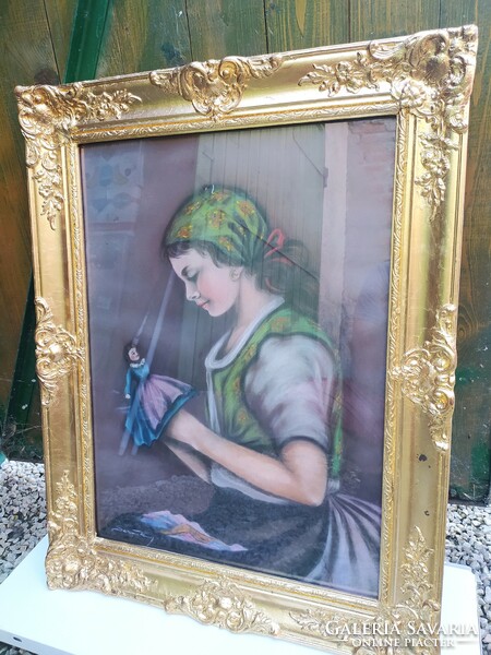 Antique painting: baby girl large size, flawless, marked pastel, in a nice frame, 80 x 62 cm
