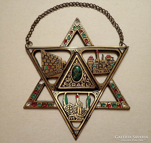 Old vintage wall hanging jewish copper stone religious object wall charm israel star of david
