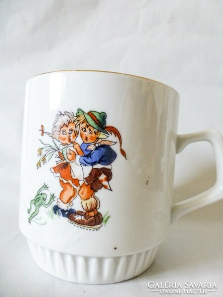 Zsolnay antique story mug with skirt. Frog children and squirrels are extremely rare!