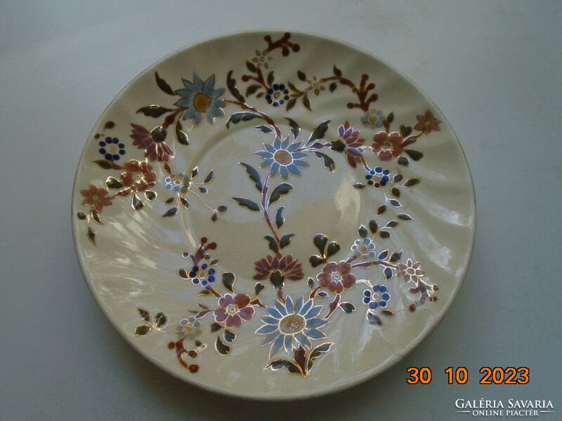 Antique Zsolnay family seal majolica plate with gold contoured floral designs