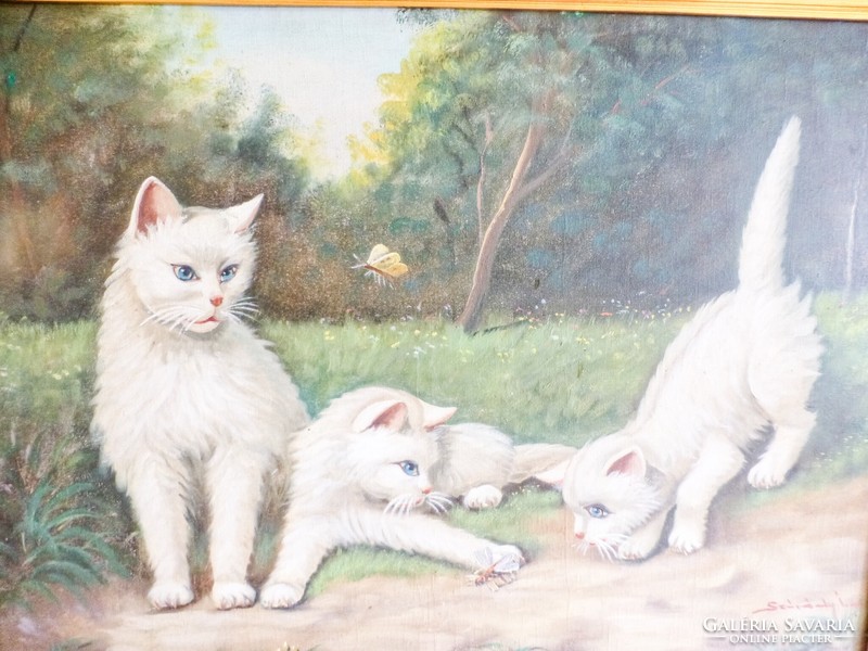 Cicák lepkékkel. Szórády István festménye