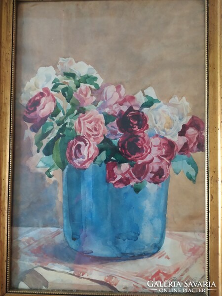 Balogh: antique flower still life flawless watercolor, in a nice frame, 52x36 cm