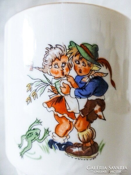Zsolnay antique story mug with skirt. Frog children and squirrels are extremely rare!