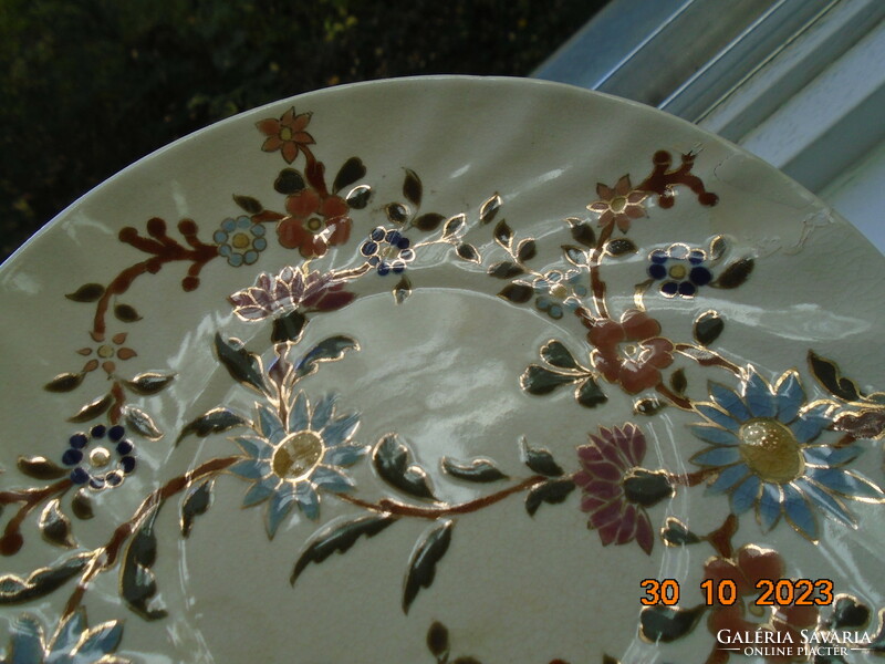 Antique Zsolnay family seal majolica plate with gold contoured floral designs