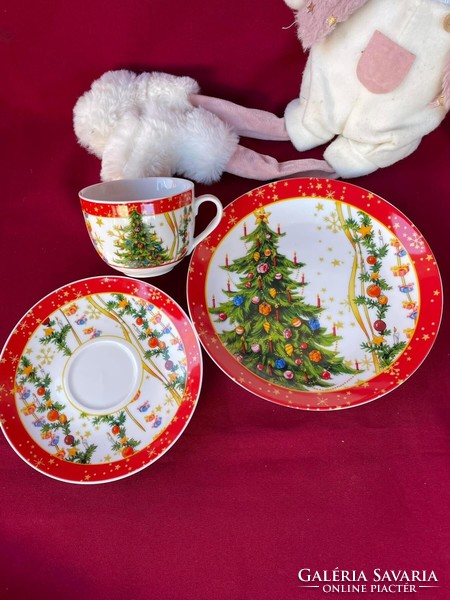 Gyönyörű trió karácsonyi mintás porcelán teás szett