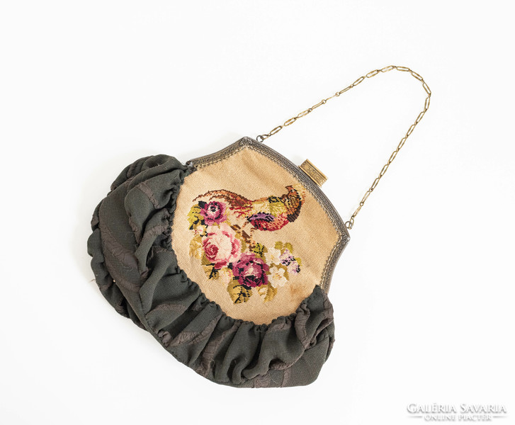 Gobelin-decorated casual bag, purse - pheasant and rose pattern - embroidered reticule