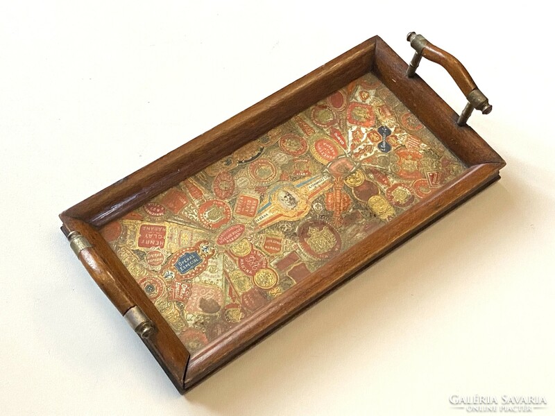 Cuba habana wooden tray with small lugs decorated with cigar rings 25 x 13 cm