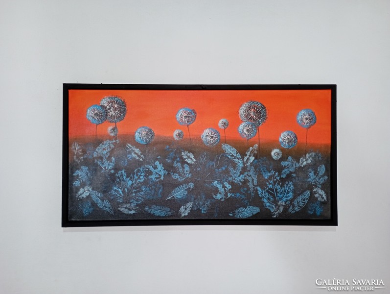 Pitypangok a naplementében - eredeti nagy akril festmény vásznon, bekeretezve - 60x120 cm