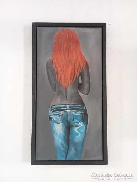 Mysterious girl - acrylic painting painted with a knife, 70x40 cm, framed