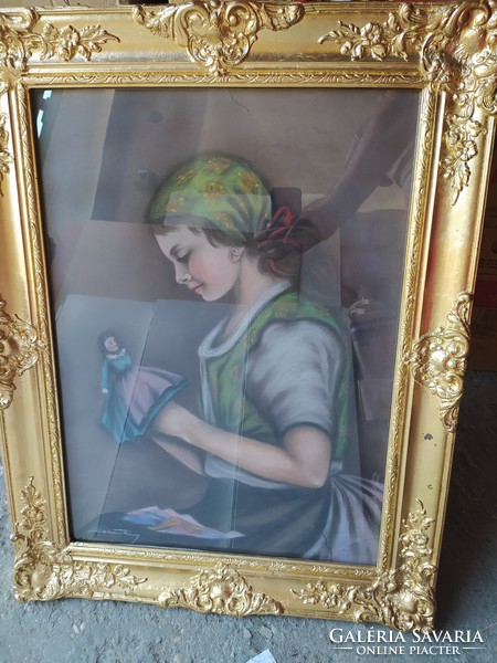 Antique painting: baby girl large size, flawless, marked pastel, in a nice frame, 80 x 62 cm