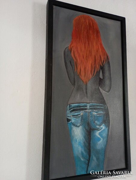 Titokzatos lány - késszel festett akril festmény, 70x40 cm, bekeretezve
