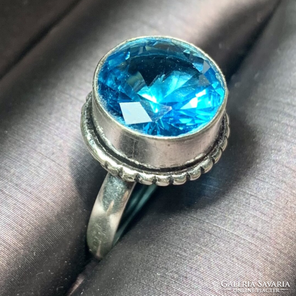925 Silver ring with blue topaz stone 6 sizes (16.5 mm diameter) Indian silver ring