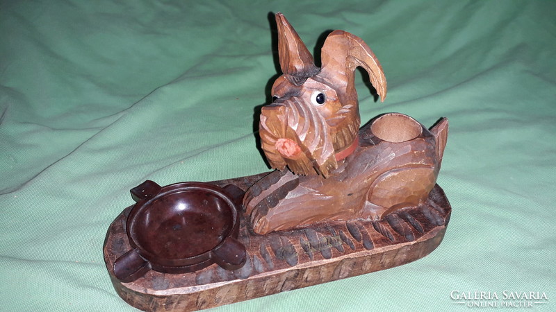 Vintage wooden carved fox terrier dog figurine table decoration, with vinyl ashtrays as shown in the pictures